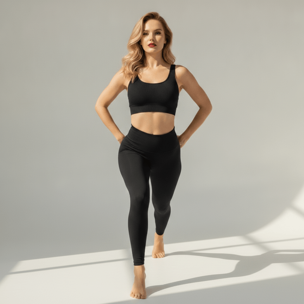 Legging push up noir, pose fente avant face caméra, studio ivoire/crème, femme blonde, tenue sport noire