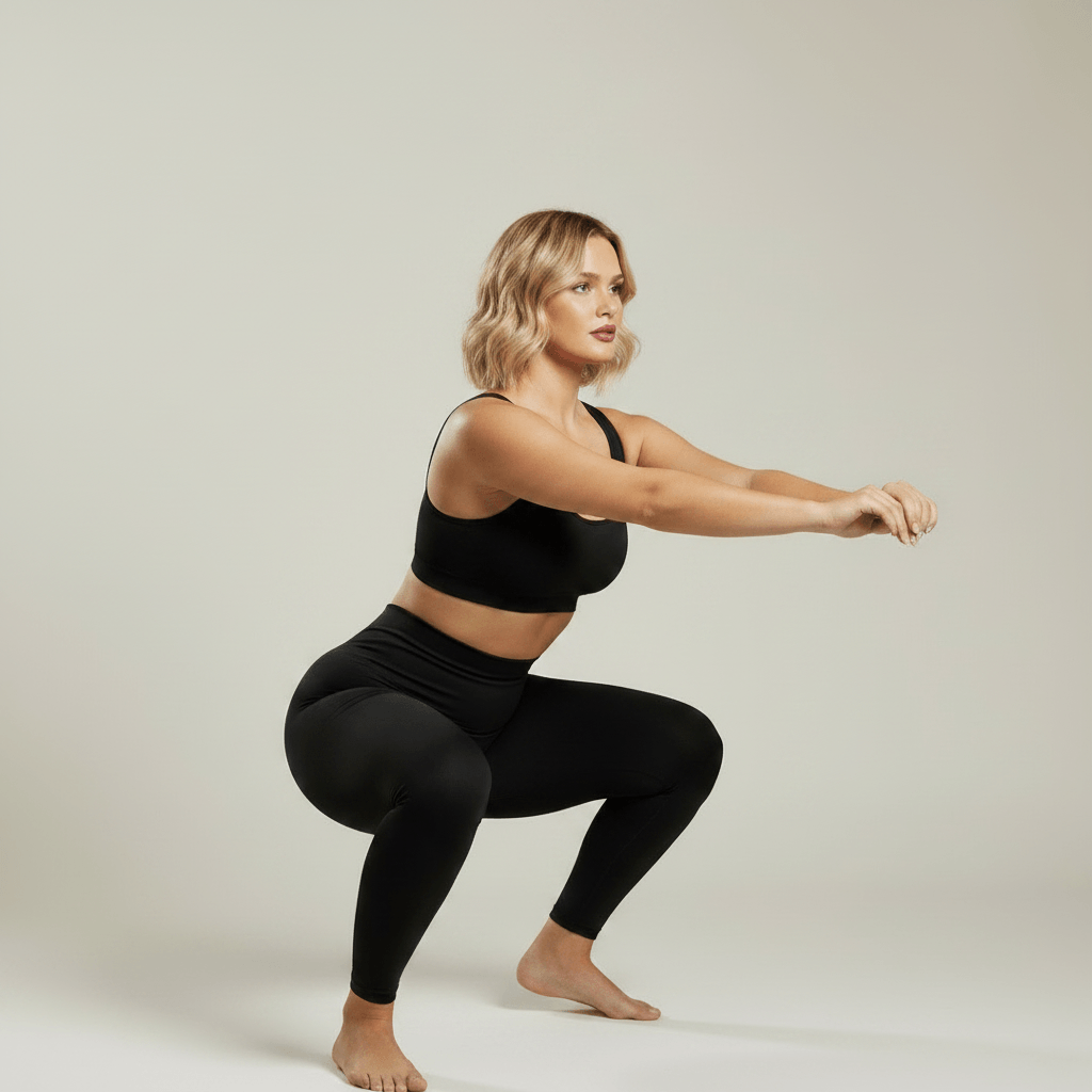 Legging Sculptant Femme Taille Haute noir, pose squat, studio gris ivoire doux, femme blonde 39 ans