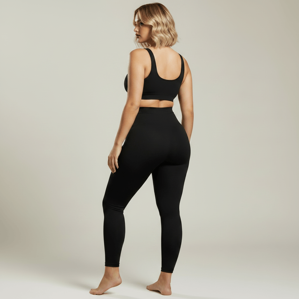 Legging Sculptant Femme Taille Haute noir, vue 3/4, studio gris ivoire doux, femme blonde 39 ans
