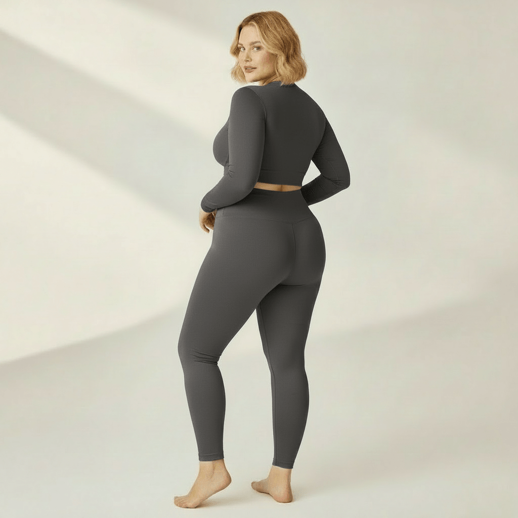 Legging Sculptant Grande Taille gris anthracite, vue 3/4, studio ivoire gris clair, femme blonde 39 ans, pieds nus