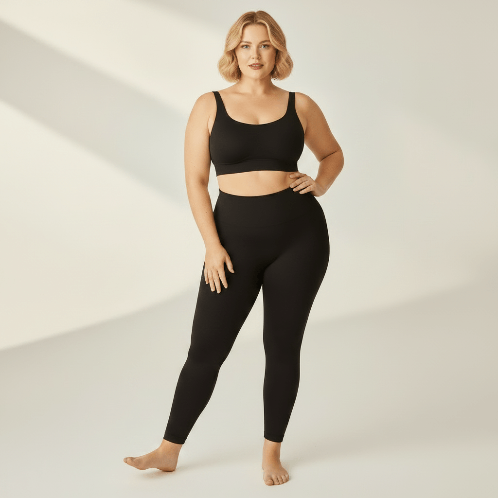 Legging Sculptant Grande Taille noir, pose etirement fitness, studio ivoire gris clair, femme blonde 39 ans, pieds nus