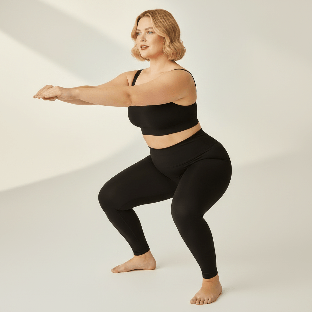 Legging Sculptant Grande Taille noir, pose squat, studio ivoire gris clair, femme blonde 39 ans, pieds nus