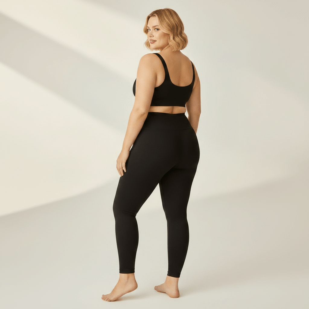 Legging Sculptant Grande Taille noir, vue 3/4, studio ivoire gris clair, femme blonde 39 ans, pieds nus
