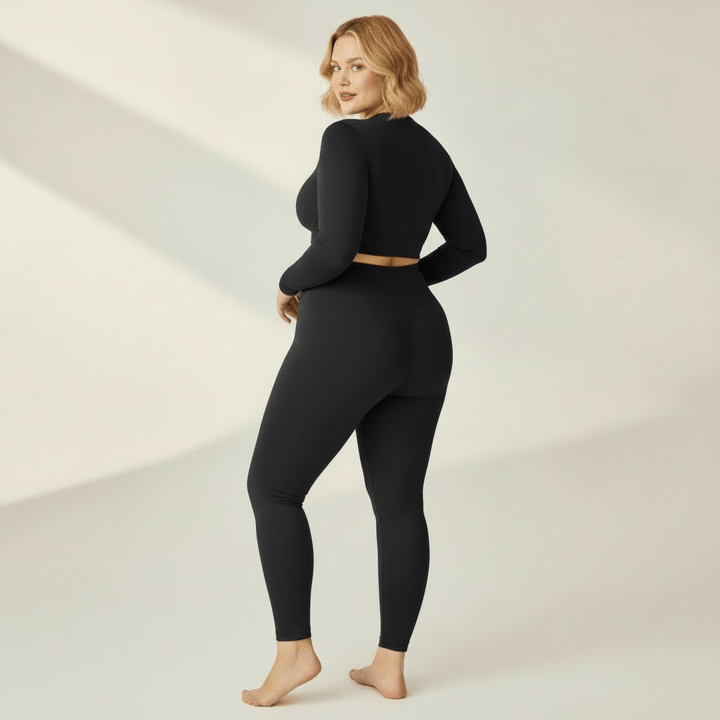 Legging Sculptant Grande Taille noir, vue de dos, studio ivoire gris clair, femme blonde 39 ans, pieds nus