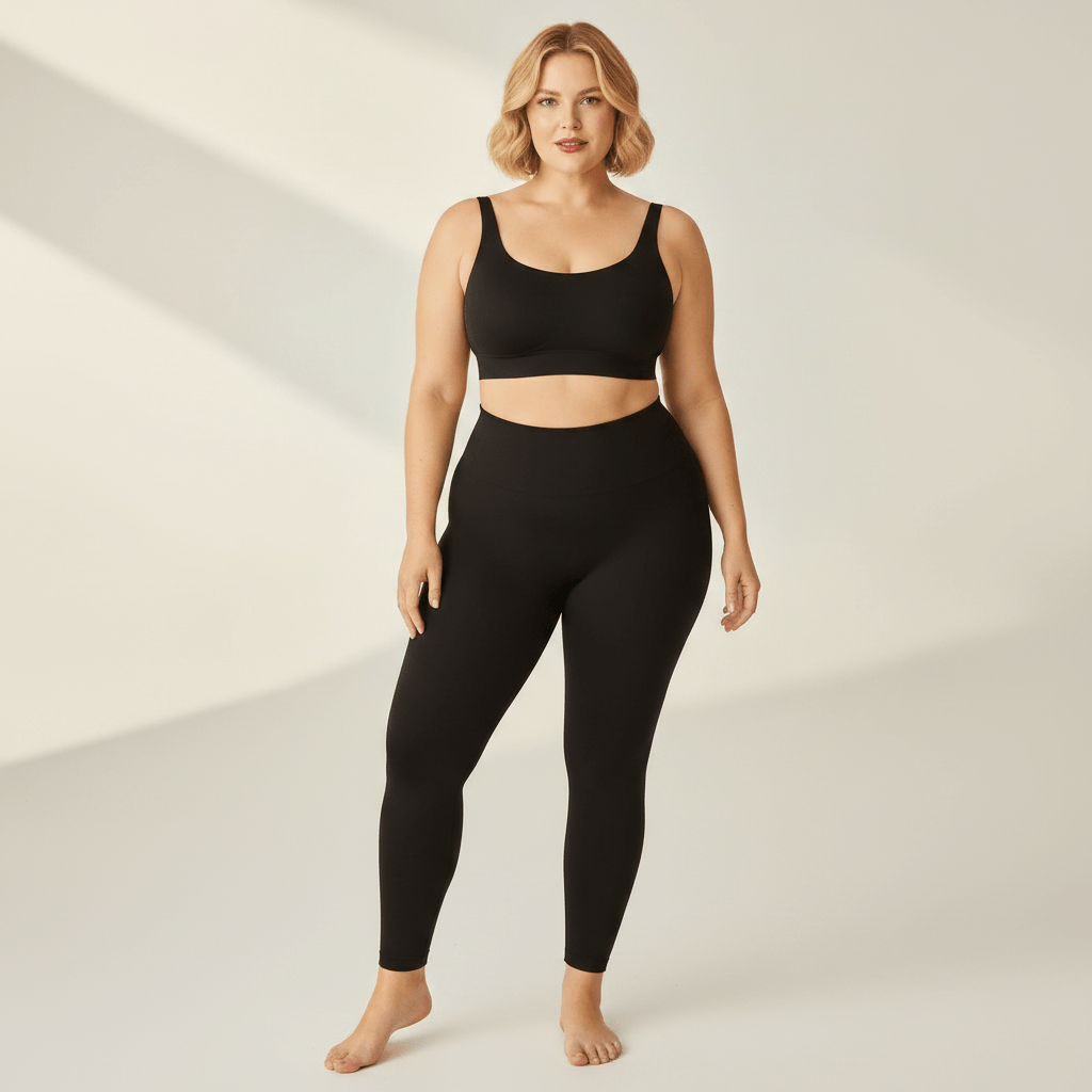 Legging Sculptant Grande Taille noir, vue de face, studio ivoire gris clair, femme blonde 39 ans, pieds nus