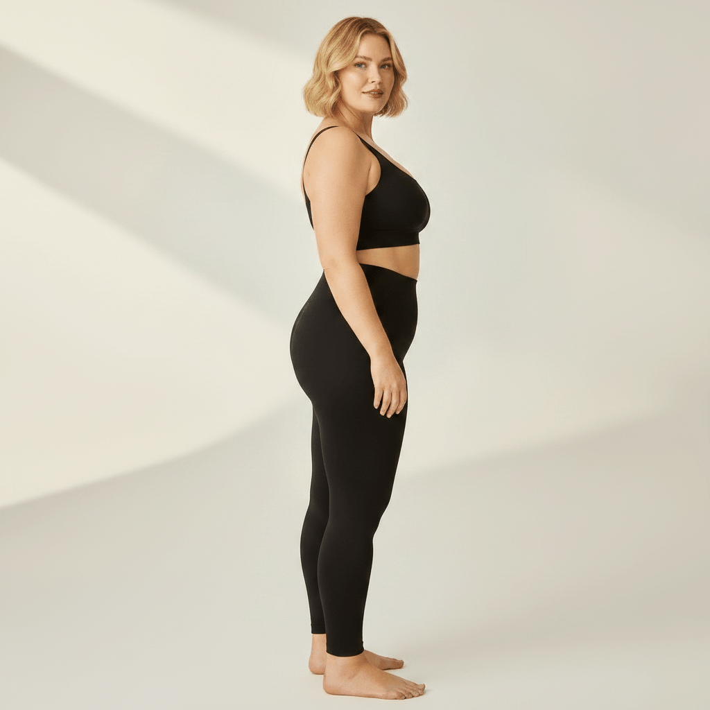 Legging Sculptant Grande Taille noir, vue de profil, studio ivoire gris clair, femme blonde 39 ans, pieds nus