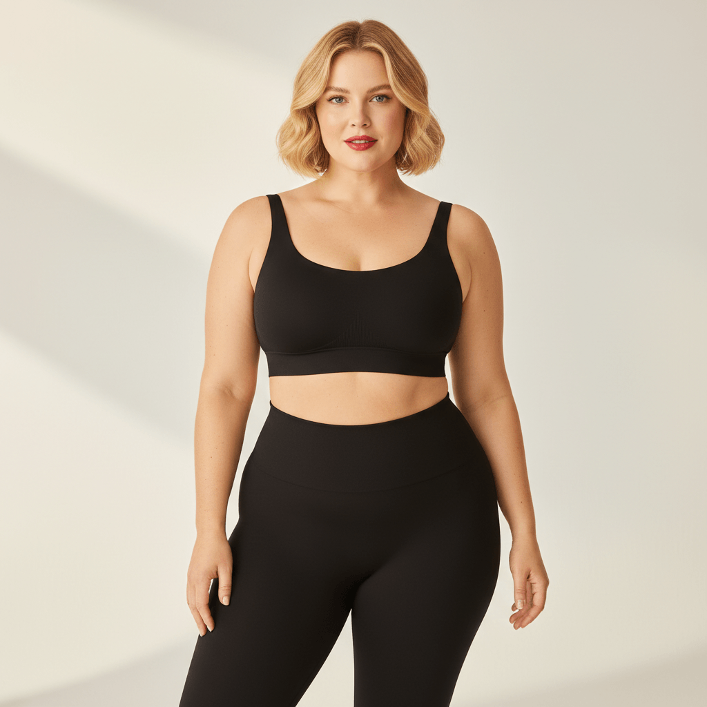 Legging Sculptant Grande Taille noir, zoom sur la taille haute et la ceinture gainante, détail du tissu sculptant, studio ivoire gris clair