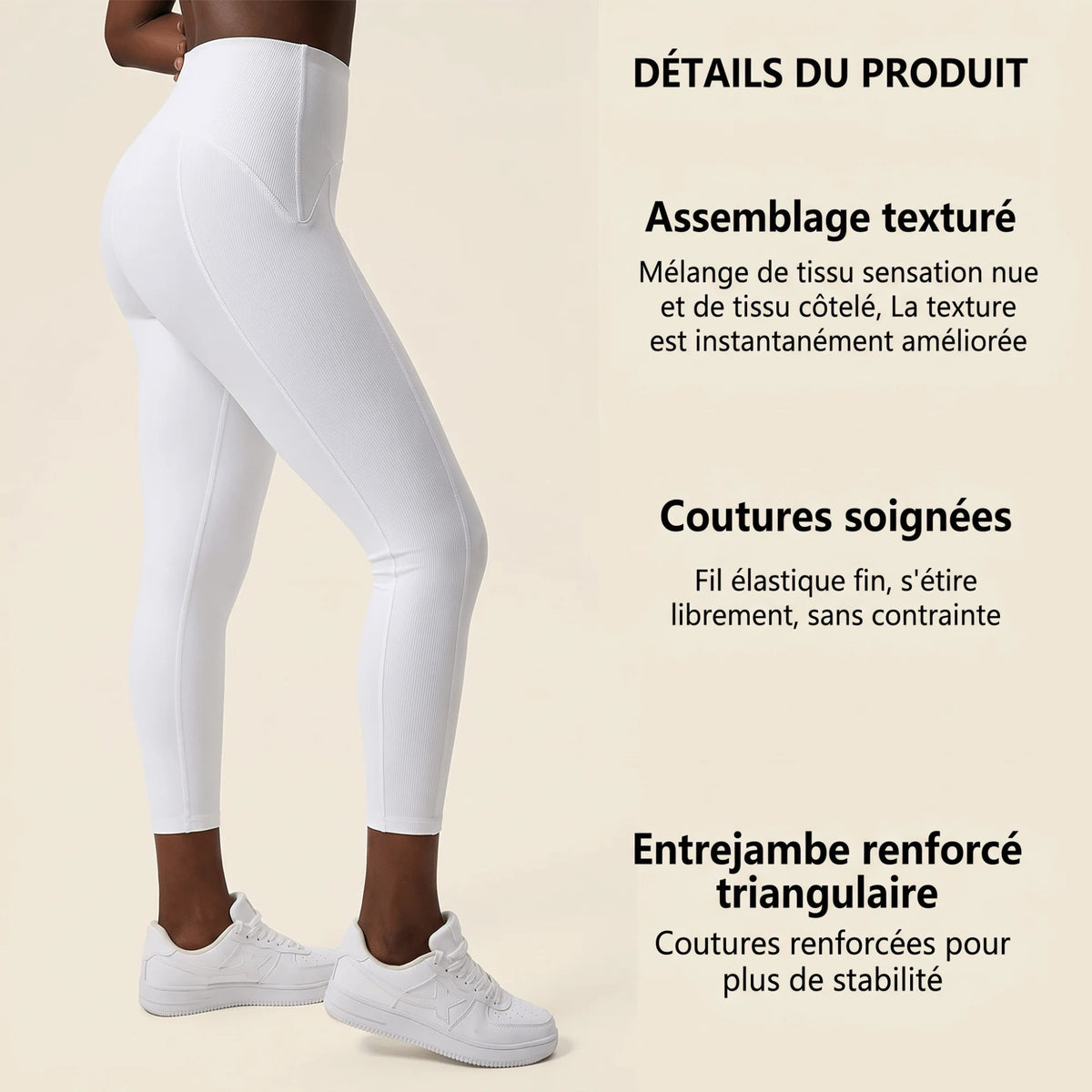 Détails du produit legging blanc côtelé : assemblage texturé, coutures soignées et entrejambe renforcé triangulaire