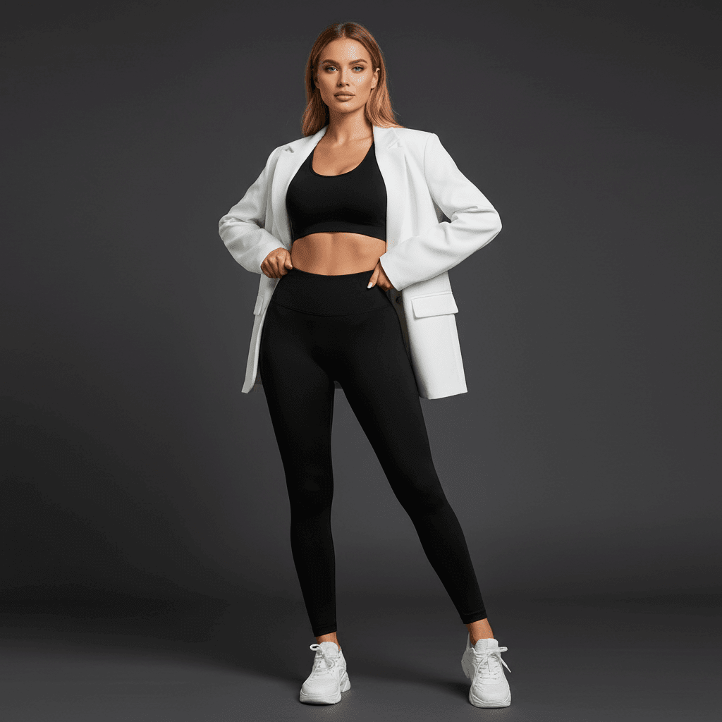 Legging Sport Femme Gainant noir taille haute porté dans un look athleisure chic avec blazer oversize blanc et baskets blanches