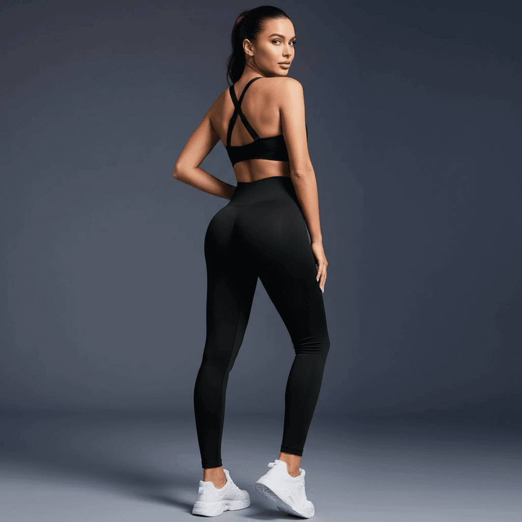 Legging Sport Femme Gainant noir taille haute avec effet sculptant vue de dos professionnelle avec visage visible