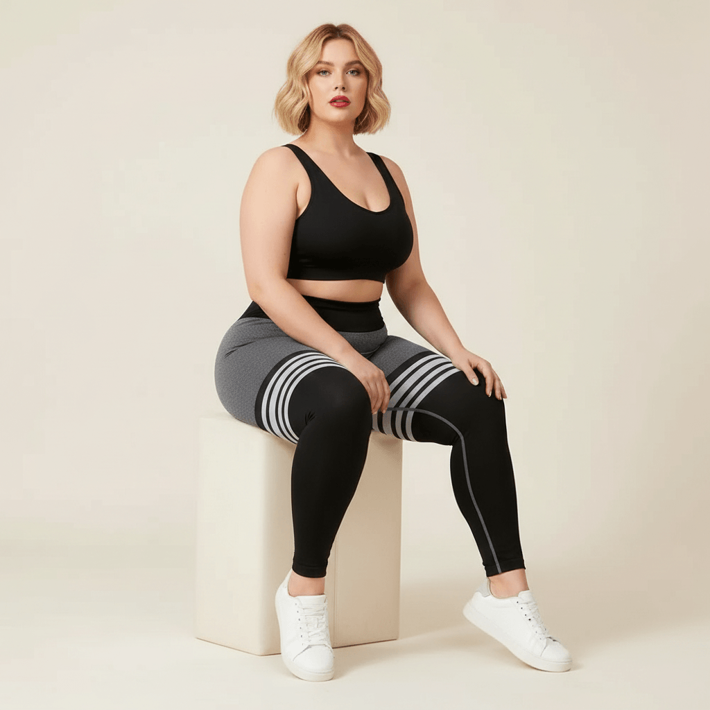 Legging sport femme grande taille gris chiné rayures blanches assise élégante pose chic fond studio crème