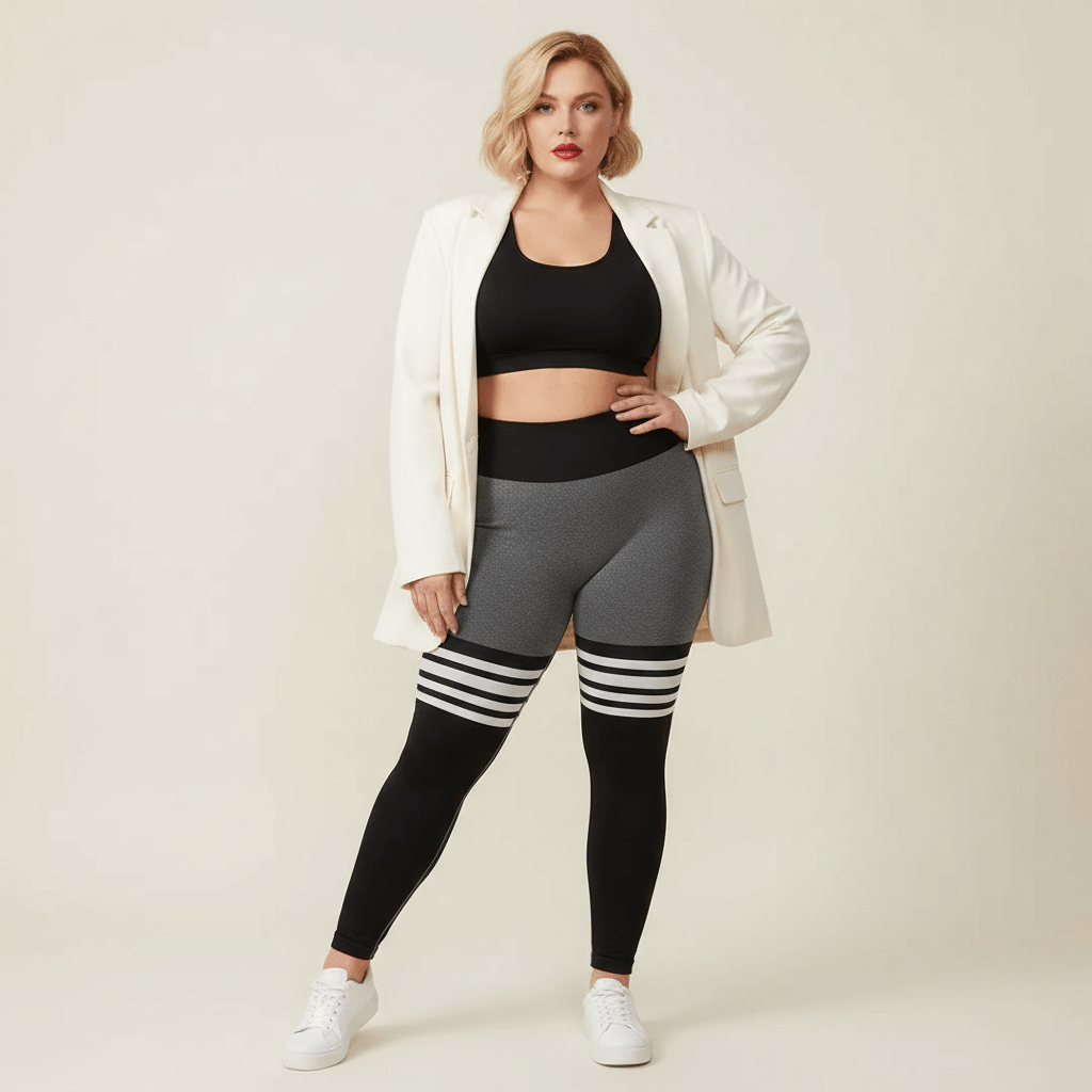 Legging sport femme grande taille gris chiné rayures blanches look athleisure blazer oversize crème fond studio