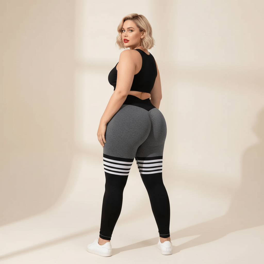 Legging sport femme grande taille gris chiné rayures blanches vue de dos effet lift butt V fond studio crème