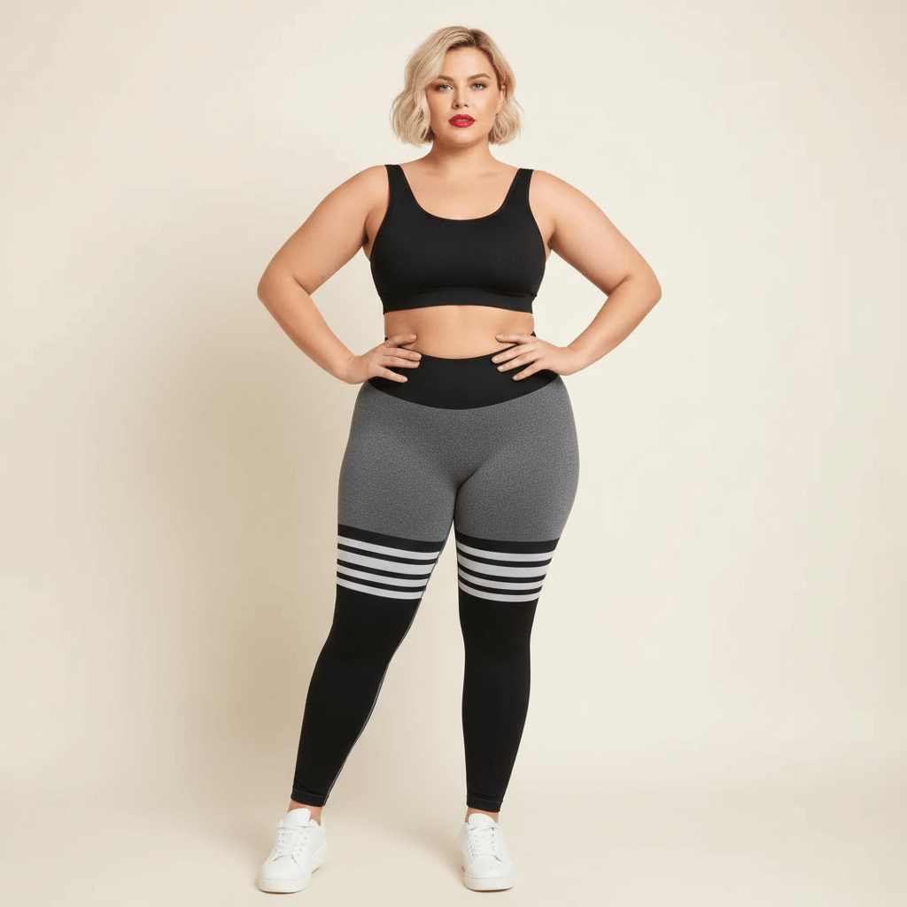 Legging sport femme grande taille gris chiné rayures blanches taille haute vue de face mains sur les hanches fond studio crème