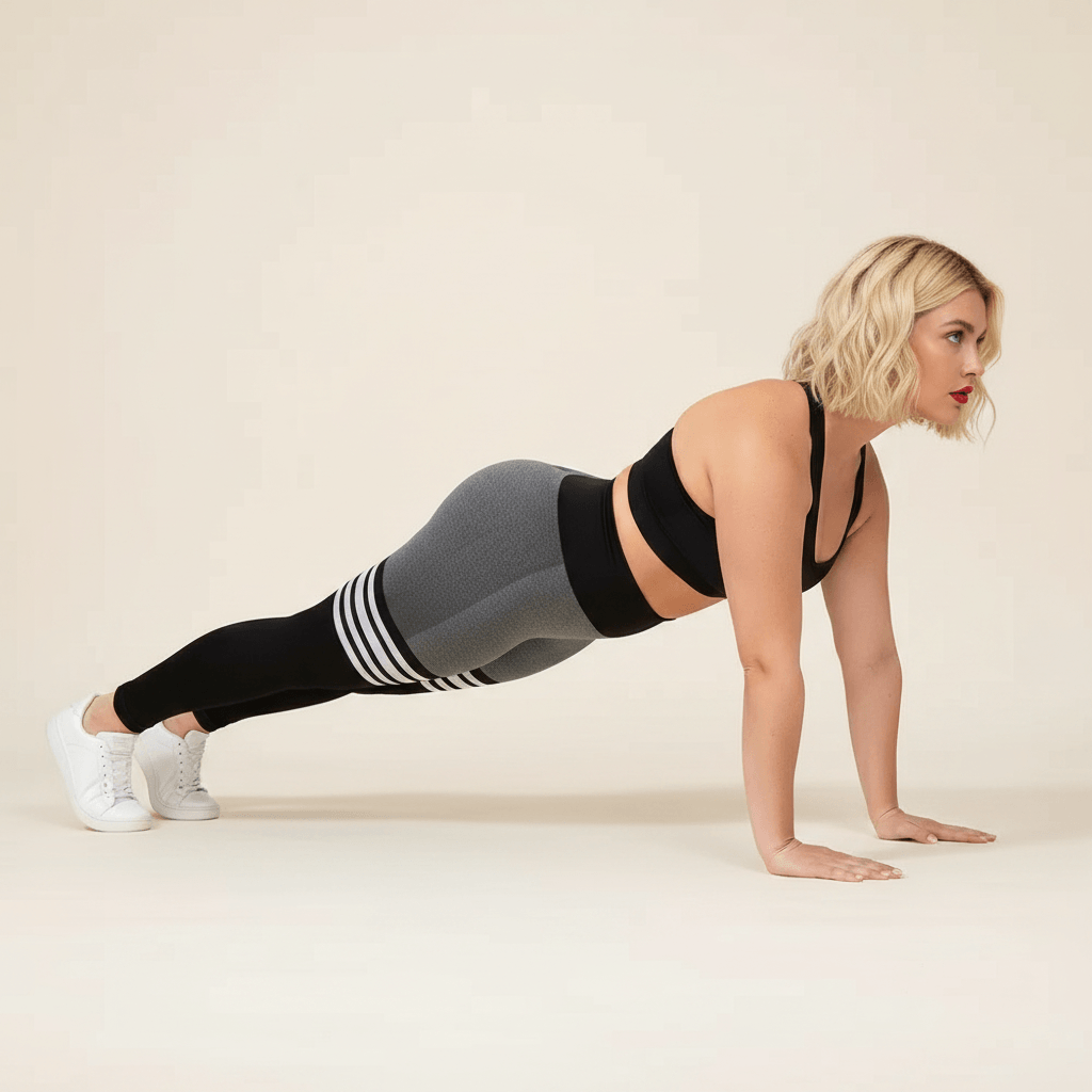 Legging sport femme grande taille gris chiné rayures blanches position planche gainage maintien fond studio crème