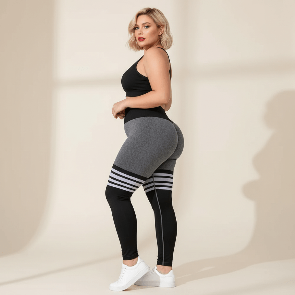 Legging sport femme grande taille gris chiné rayures blanches taille haute vue de profil fond studio crème