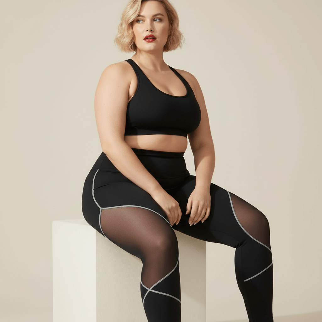 Legging sport grande taille noir taille haute empiècements maille transparente assise détail ceinture et maille studio