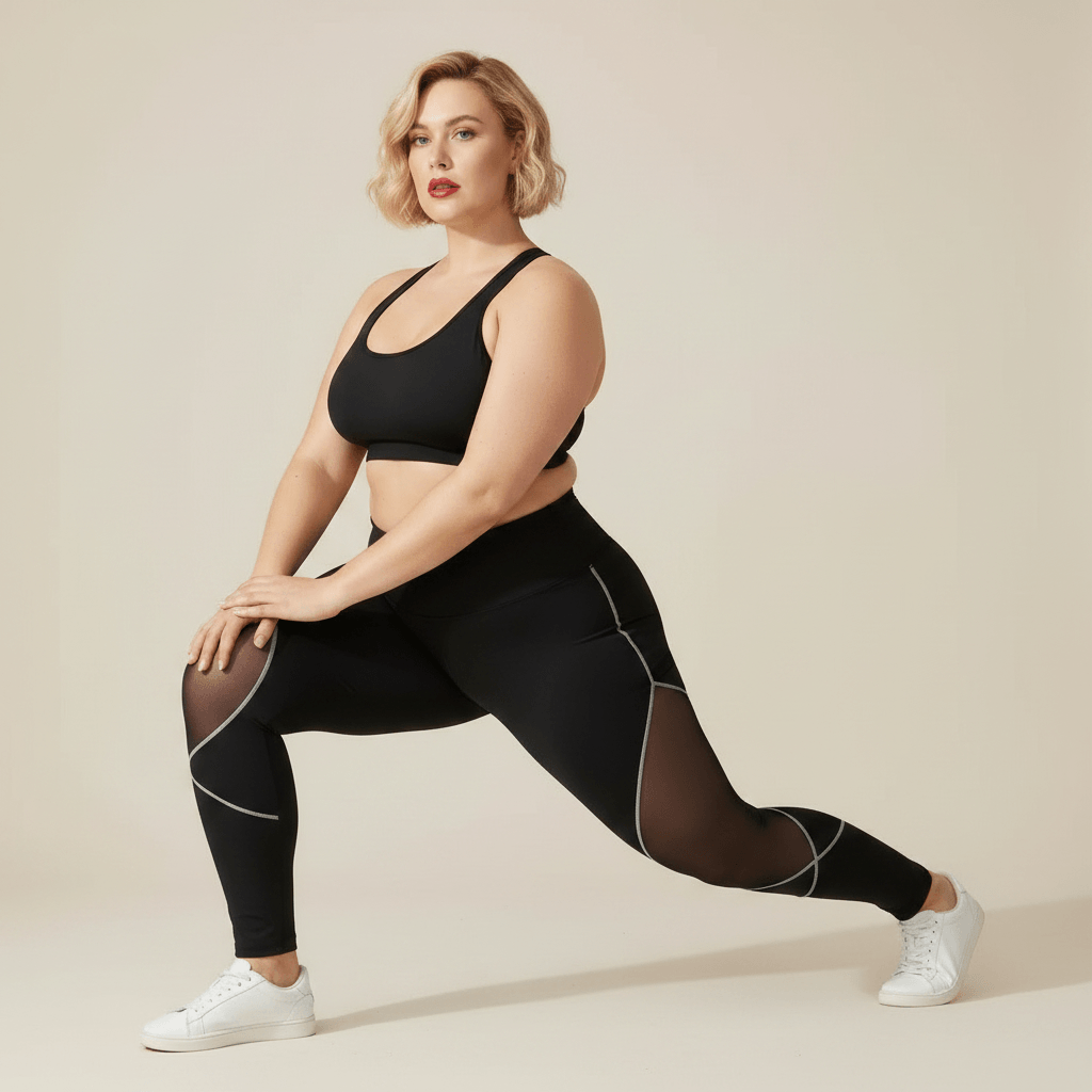 Legging sport grande taille noir taille haute empiècements maille transparente fente basse yoga studio