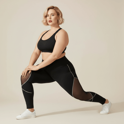 Legging sport grande taille noir taille haute empiècements maille transparente fente basse yoga studio
