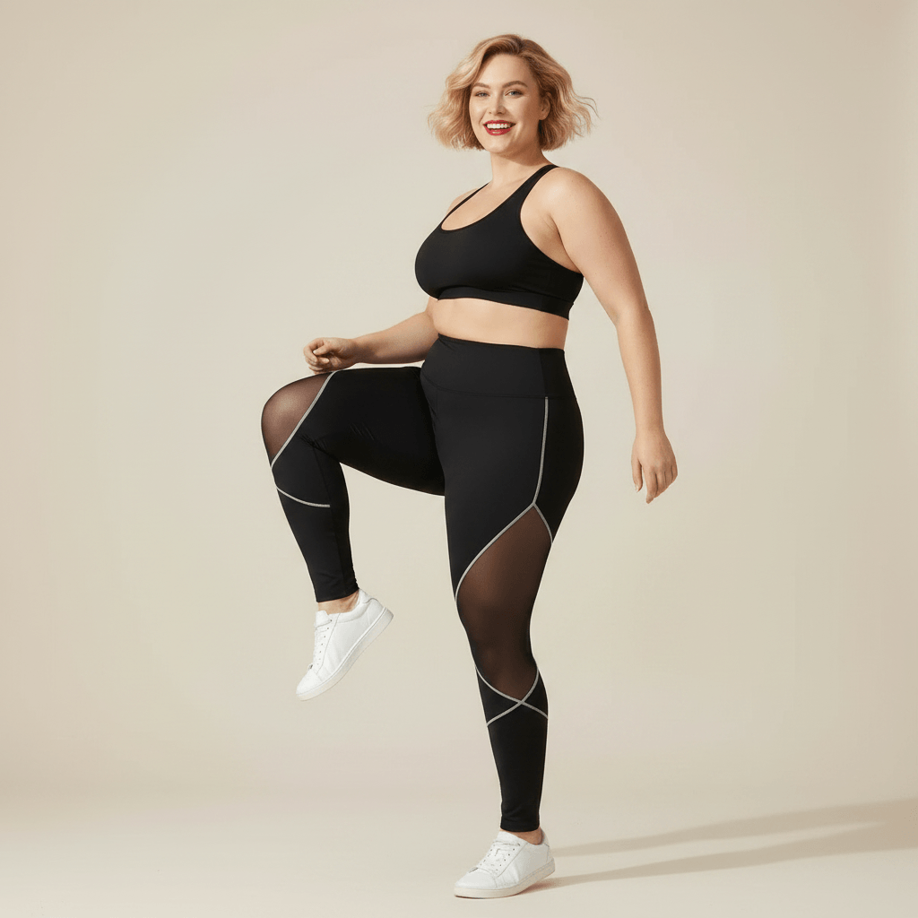 Legging sport grande taille noir taille haute empiècements maille transparente marche dynamique énergie studio