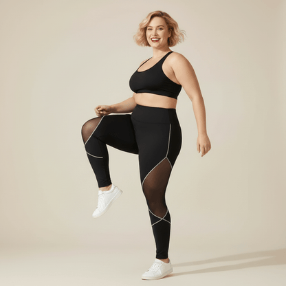 Legging sport grande taille noir taille haute empiècements maille transparente marche dynamique énergie studio