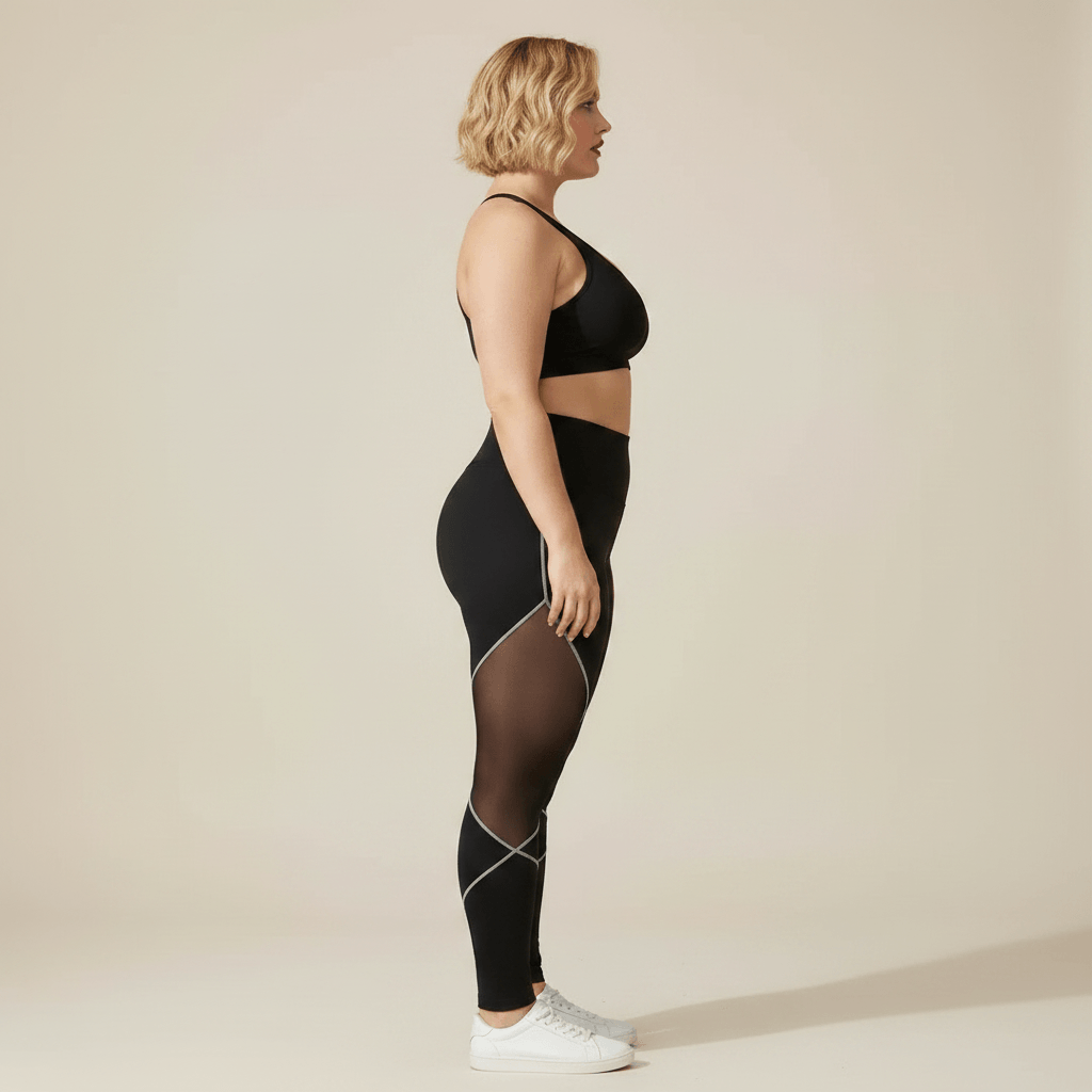 Legging sport grande taille noir taille haute empiècements maille transparente vue de profil debout studio