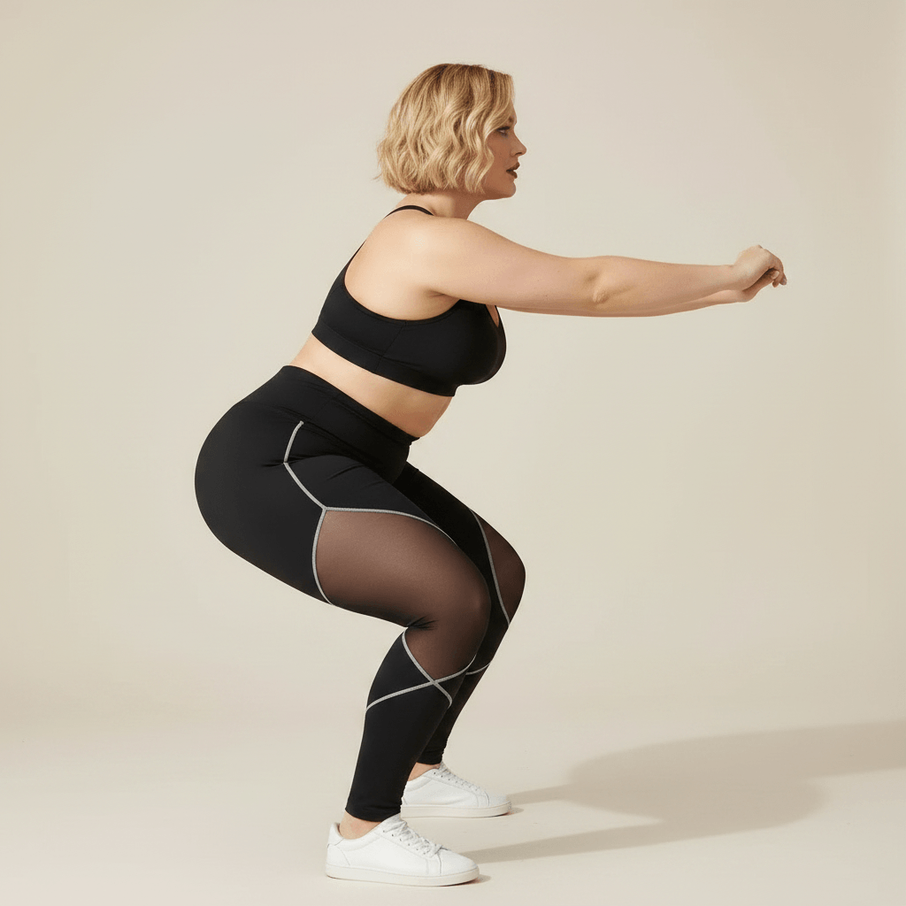 Legging sport grande taille noir taille haute empiècements maille transparente squat profond vue de profil studio