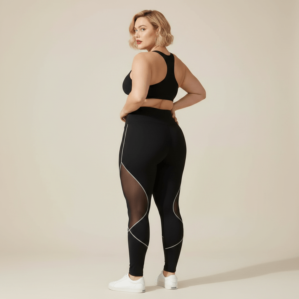 Legging sport grande taille noir taille haute empiècements maille transparente squat trois quarts squat-proof studio
