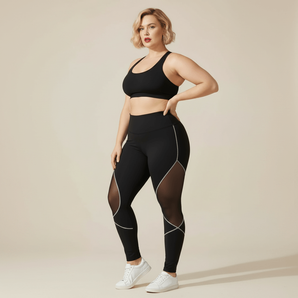 Legging sport grande taille noir taille haute empiècements maille transparente liserés gris pose trois quarts studio