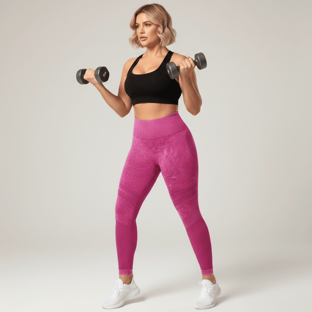 Legging Strong Push Up fuchsia/rose taille haute, photo musculation avec haltères en bicep curl debout, maintien et compression visibles, brassière noire et baskets blanches, studio fond crème.