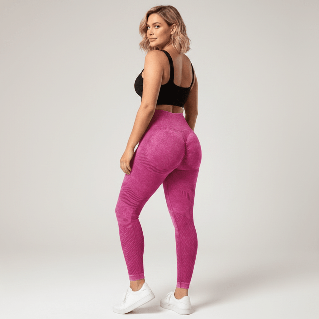 Legging Strong Push Up fuchsia/rose taille haute, vue trois-quarts dos mettant en avant l’effet push-up et la coupe arrière, brassière noire et baskets blanches, studio fond crème.