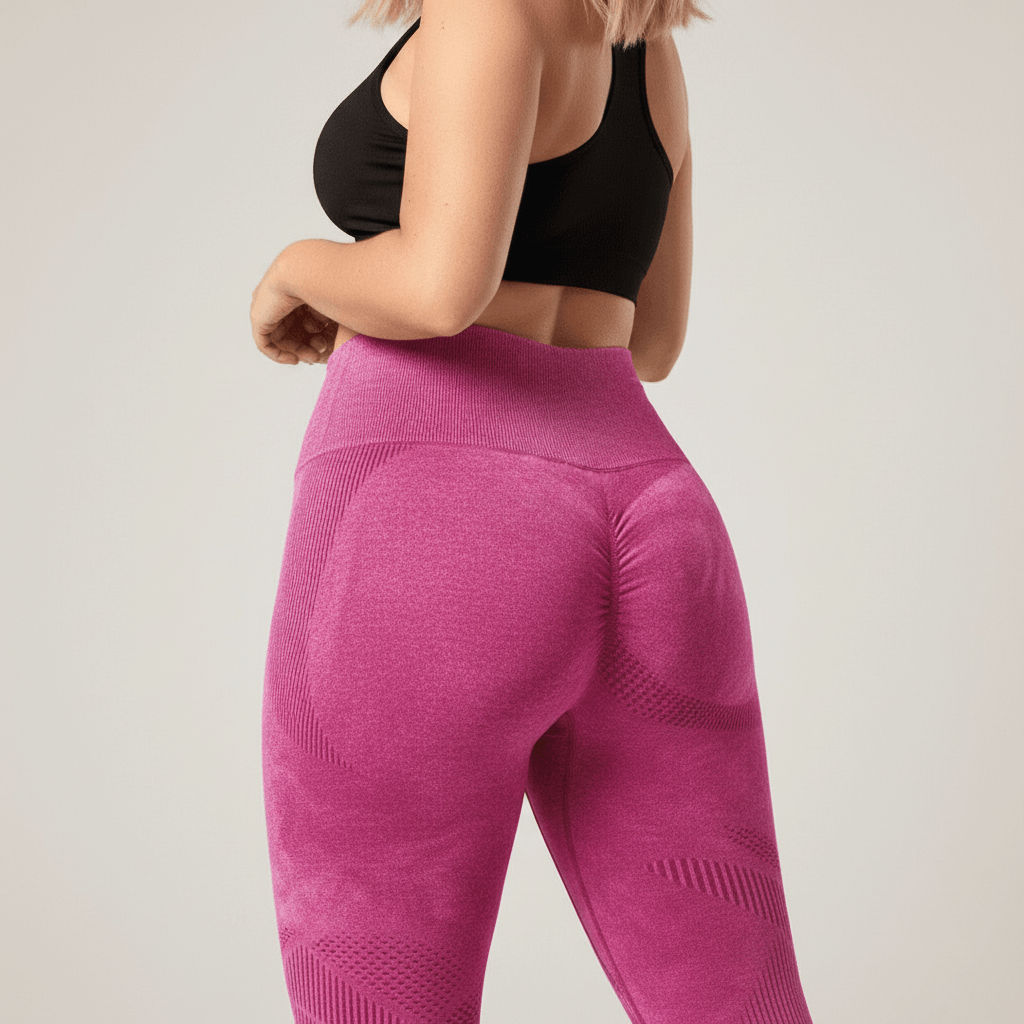 Legging Strong Push Up fuchsia/rose, gros plan sur la ceinture taille haute et la texture du tissu avec zones de compression, photo studio fond crème.