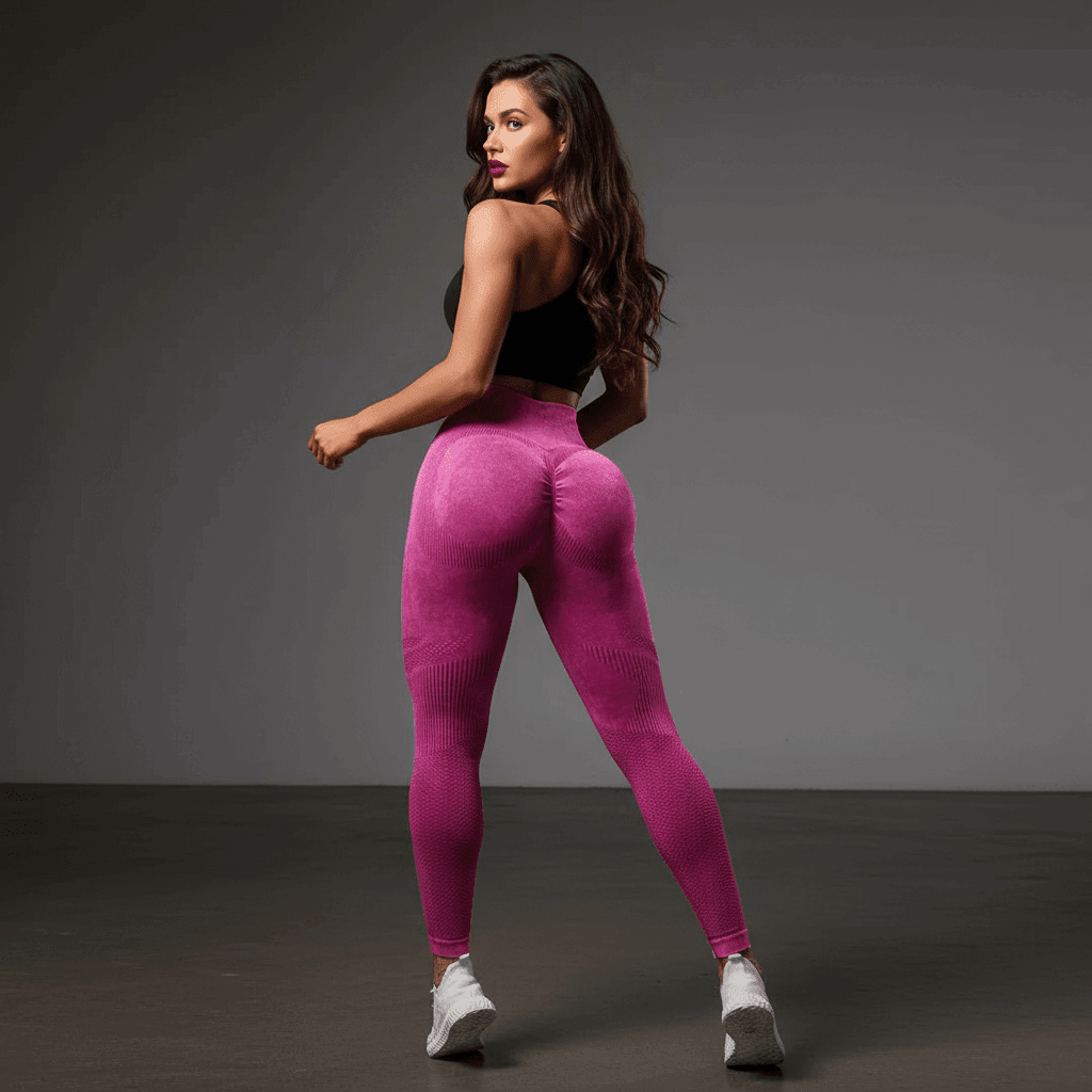 femme portant un legging strong rose vue de dos avec visage visible en studio
