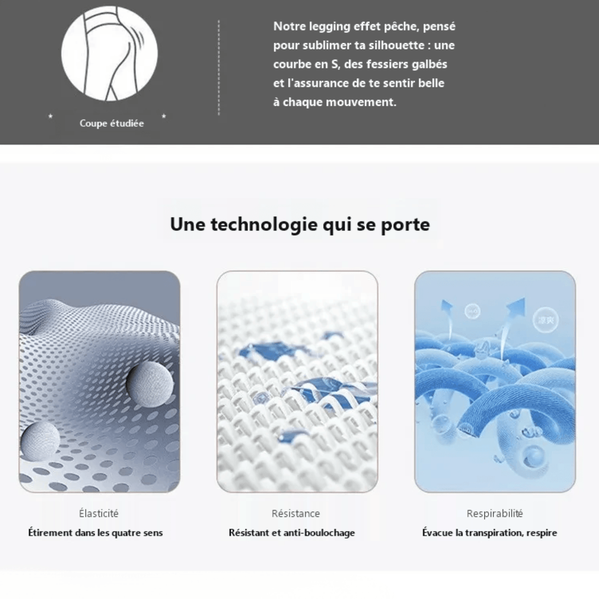 Technologie du tissu du legging taille haute sans couture : élasticité 4 sens, résistance, respirabilité