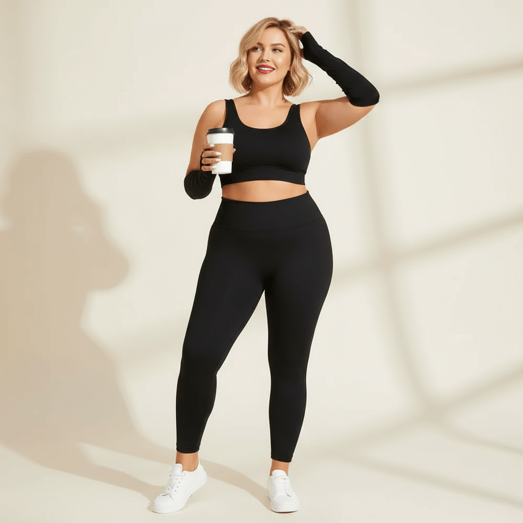 Leggings femme grande taille noir athleisure blazer oversize camel tasse café style casual chic