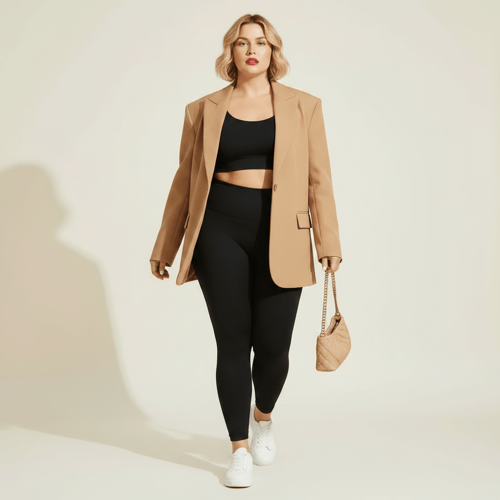 Leggings femme grande taille noir look athleisure style Vogue blazer oversize sac tendance baskets