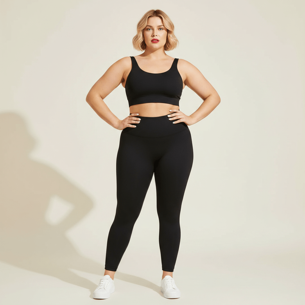 Leggings femme grande taille noir taille haute vue de face mains sur les hanches fond studio crème
