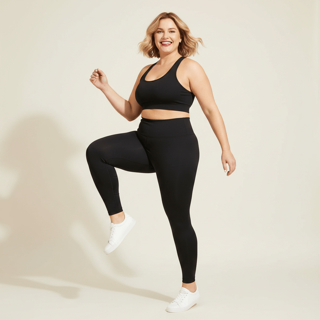 Leggings femme grande taille noir taille haute marche dynamique mouvement fond studio crème
