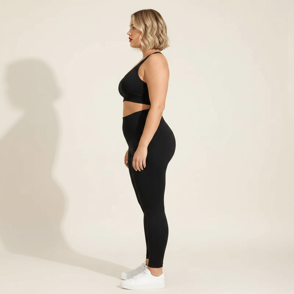 Leggings femme grande taille noir scrunch V taille haute vue de profil fond studio crème