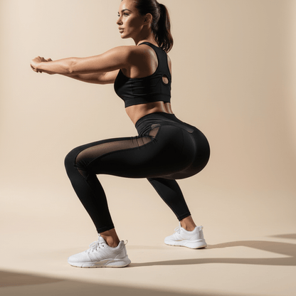 leggings femme noir en position squat dasn un studio beige minimaliste 