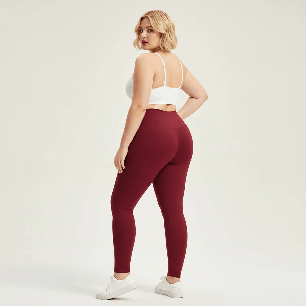 Leggings grande taille bordeaux uni taille haute seamless vue de dos tête tournée caméra pose fashion galbe fessier studio crème
