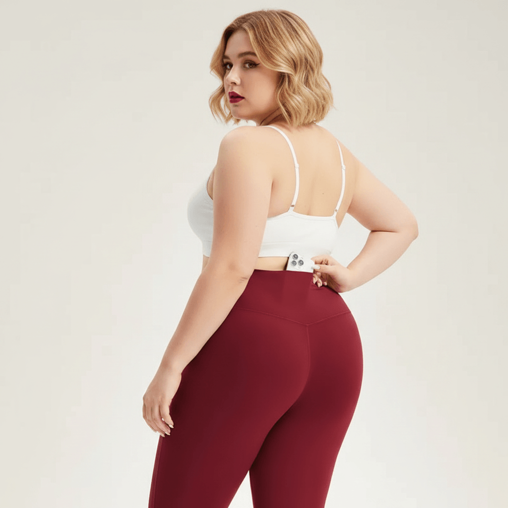 Leggings grande taille bordeaux uni taille haute seamless vue trois quarts dos téléphone glissé dans poche cachée ceinture studio crème