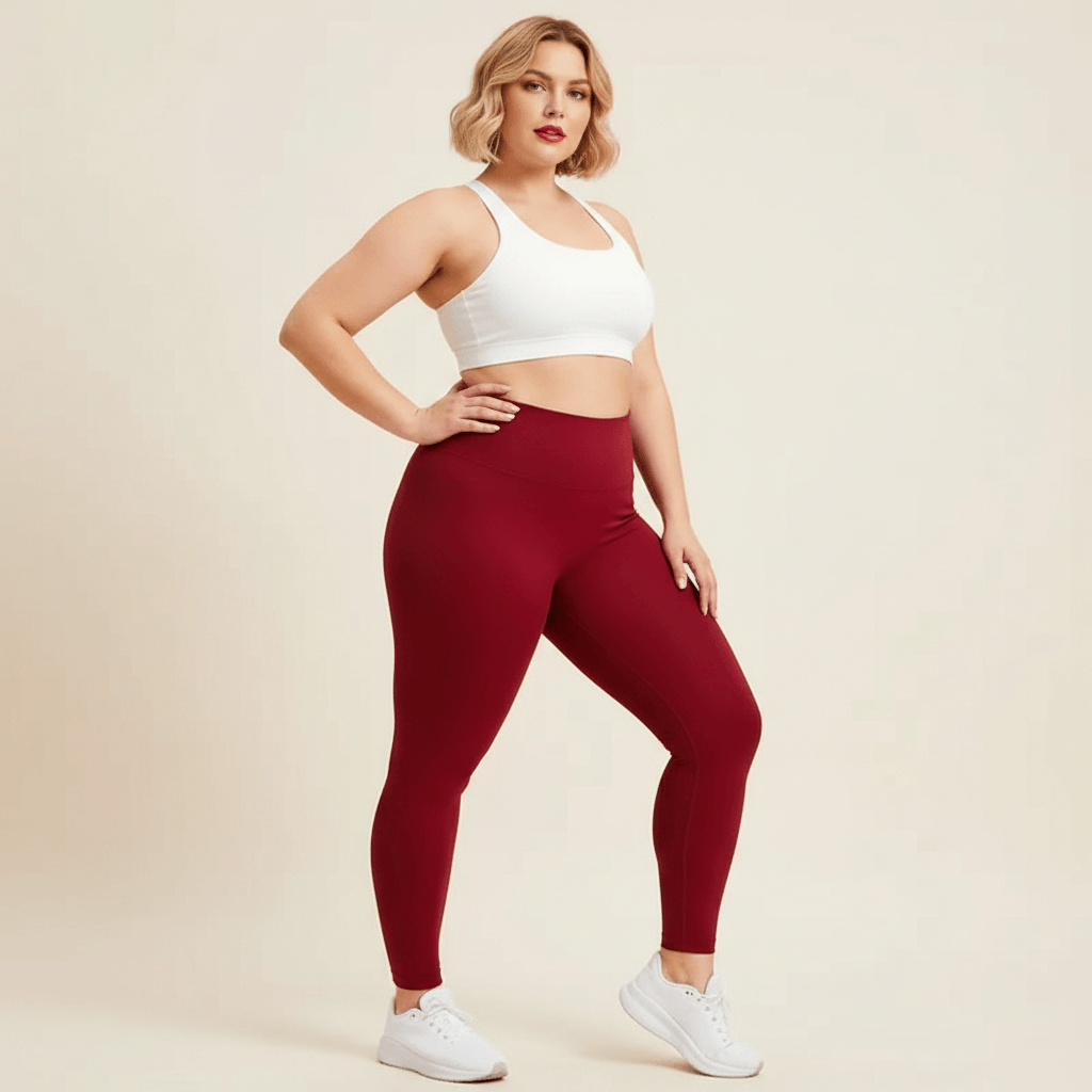 Leggings grande taille bordeaux uni taille haute seamless pose face main sur la hanche brassière blanche studio crème
