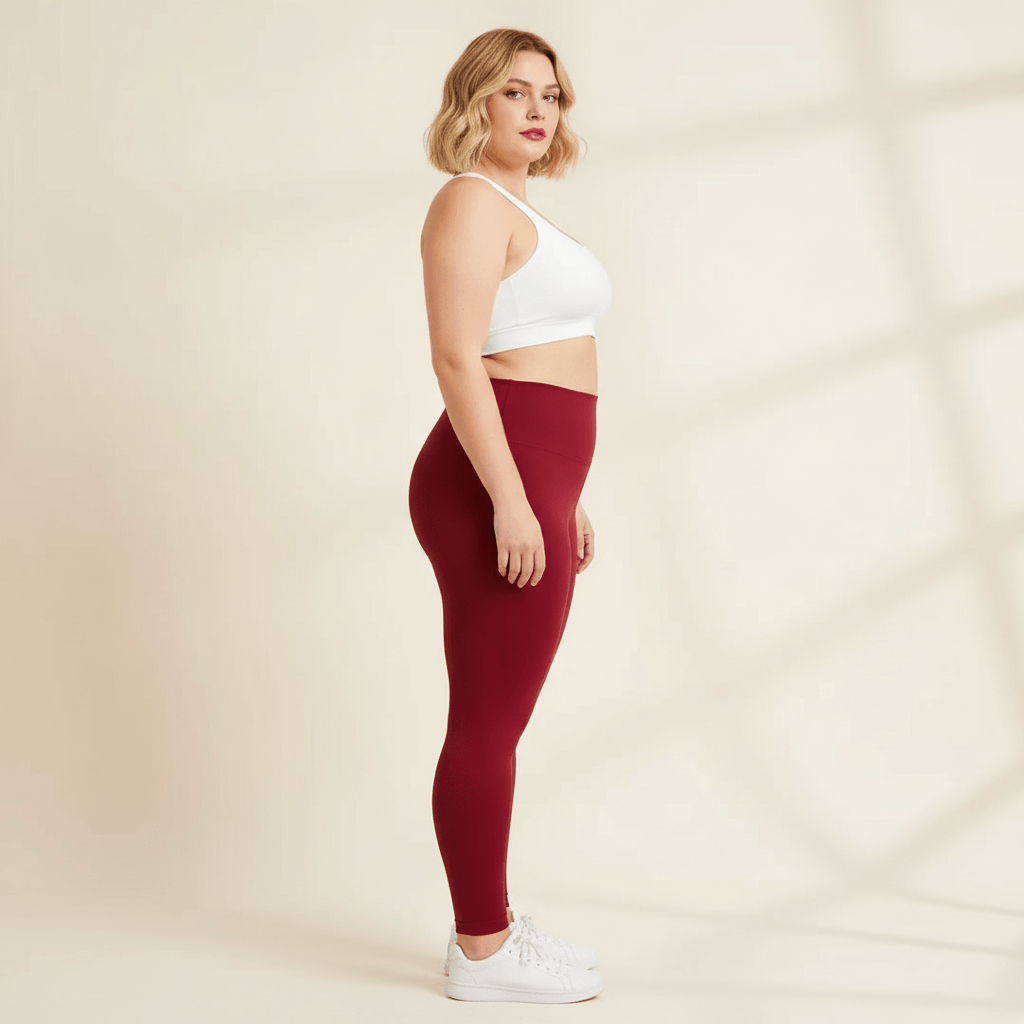 Leggings grande taille bordeaux uni taille haute seamless vue de profil debout ligne taille haute studio crème