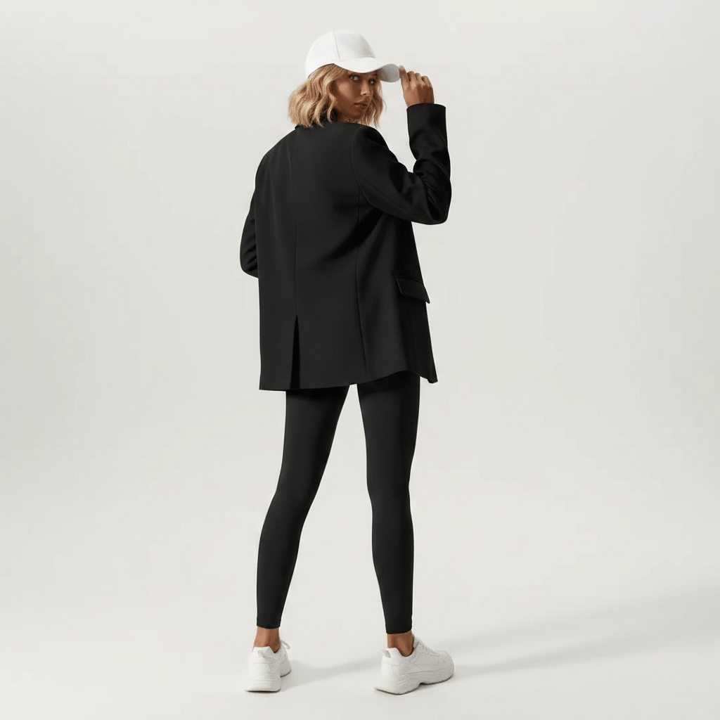 Leggings noir athleisure blazer oversize, vue de dos, casquette tendance