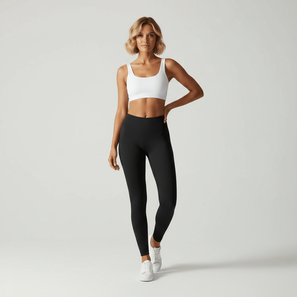 Leggings noir scrunch dos, vue de dos face caméra, dans un studio minimaliste ivory gray