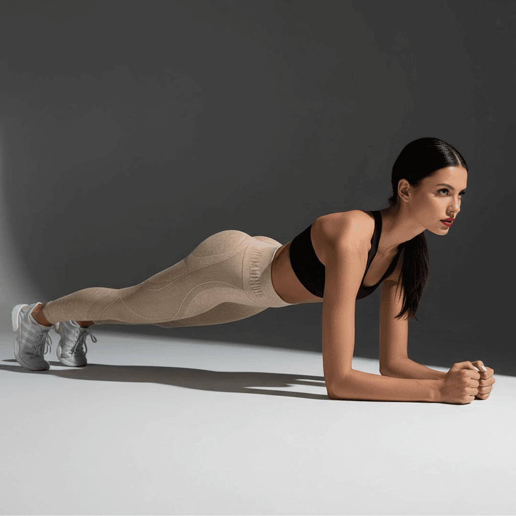 Femme portant des leggings sport taille haute, en position de planche sur les avant-bras et pieds, tenue noire et blanche, noir fond. Leggings ajustés près du corps.