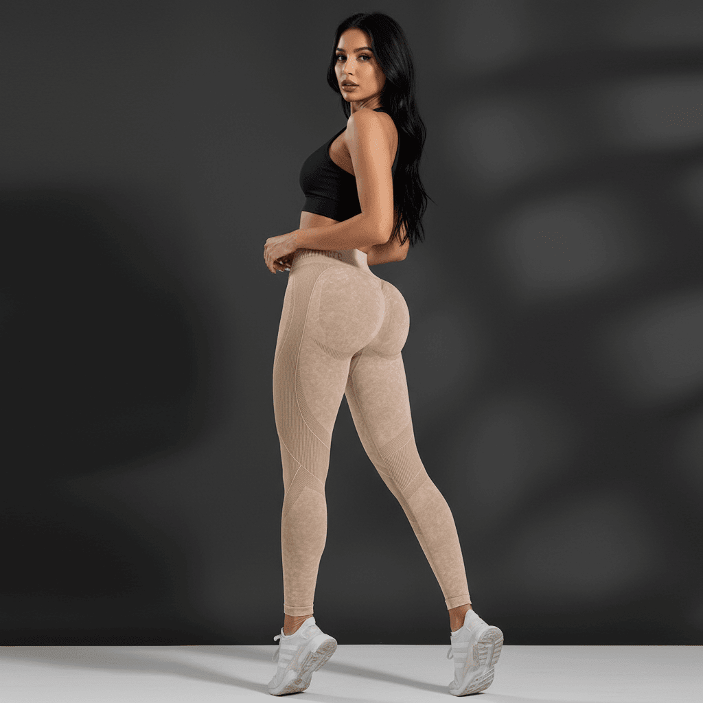 Femme portantleggings sport hautes en blanc avec soutien-gorge noir, vue de profil montrant l’effet push-up naturel.