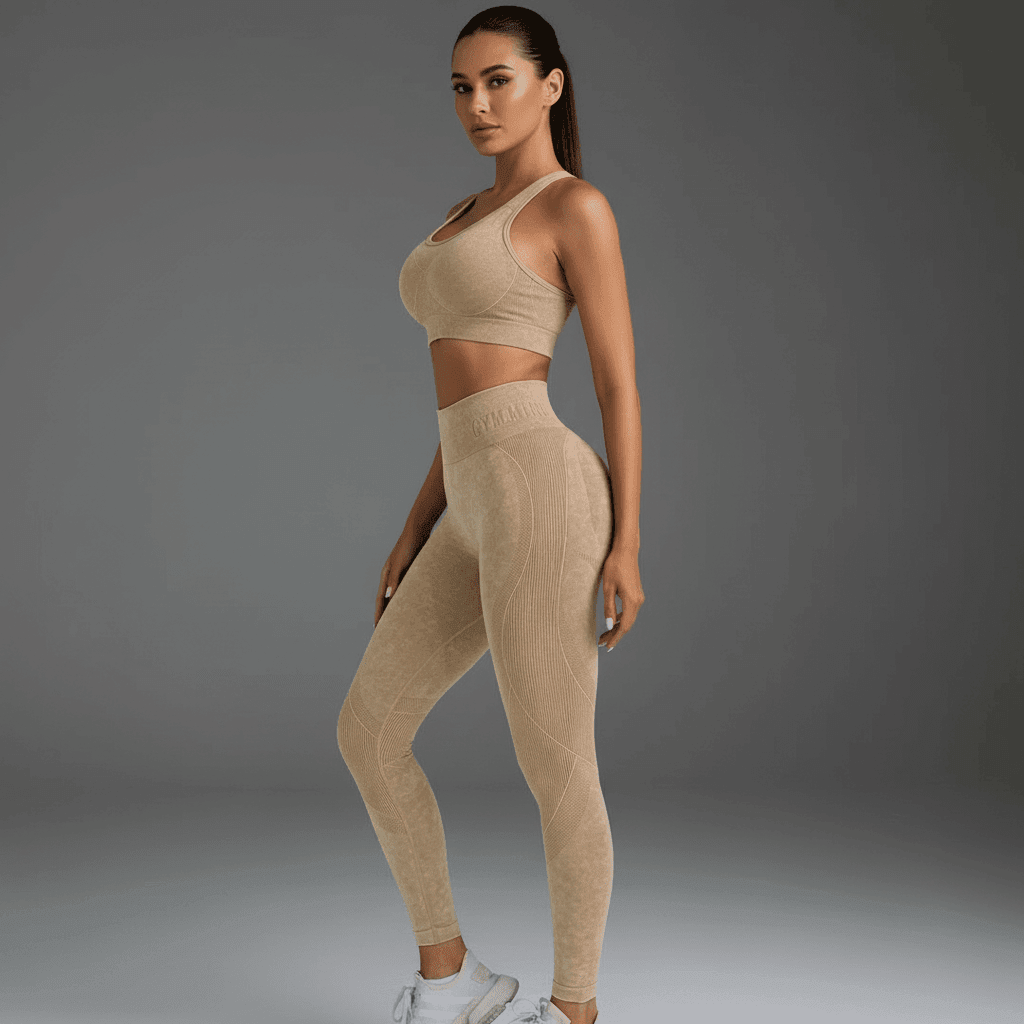 Leggings sport push-up beige vue de profil, compression 3D, taille haute, effet galbant