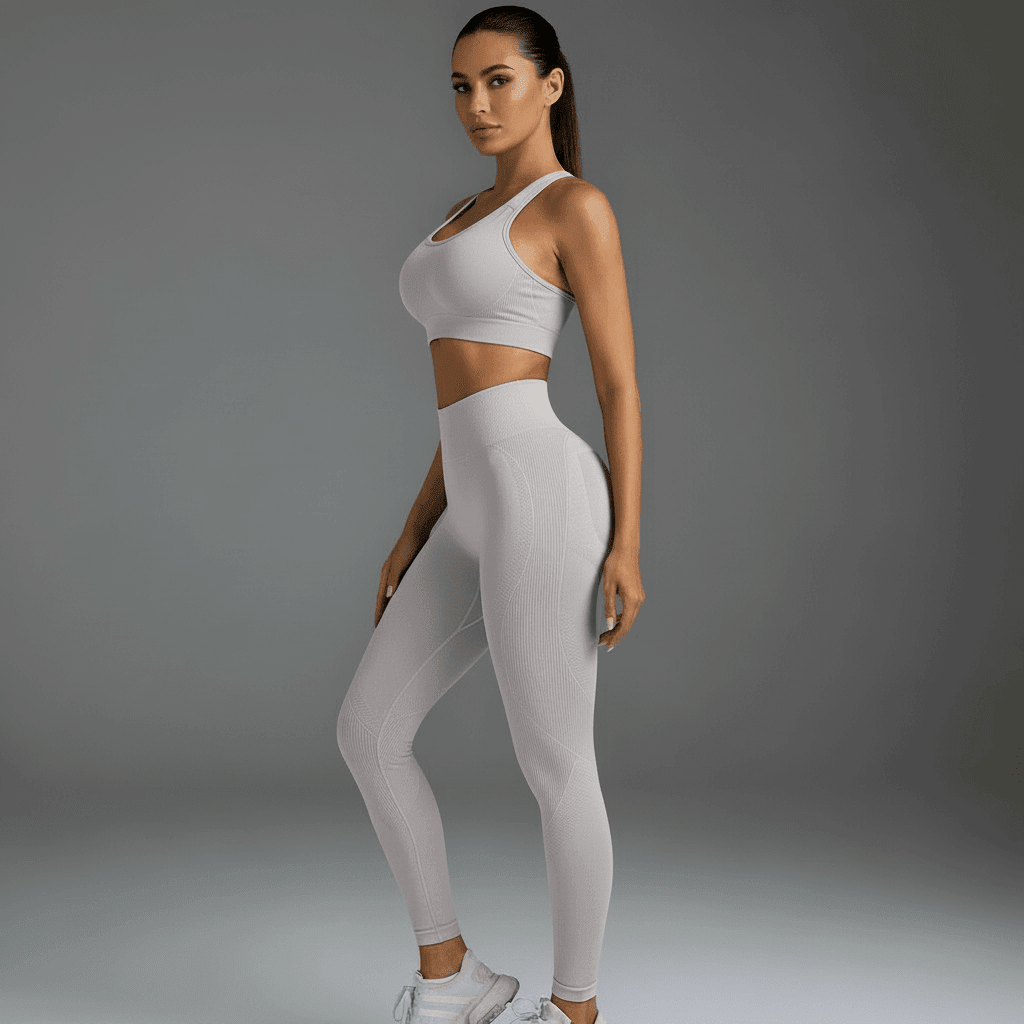 Leggings sport push-up gris clair vue de profil, compression 3D, taille haute, effet push-up